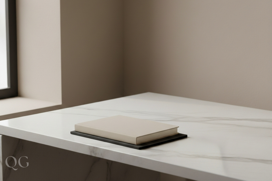 Imagen de una tablet con un libro encima, sobre una mesa de marmol en un ambiente minimalista y sereno.