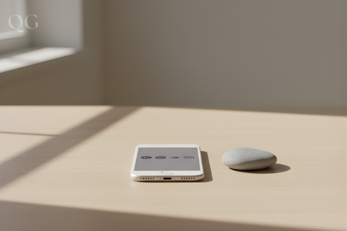 Un teléfono móvil con una pantalla de inicio limpia y minimalista. Simboliza la desintoxicación y la calma digital.