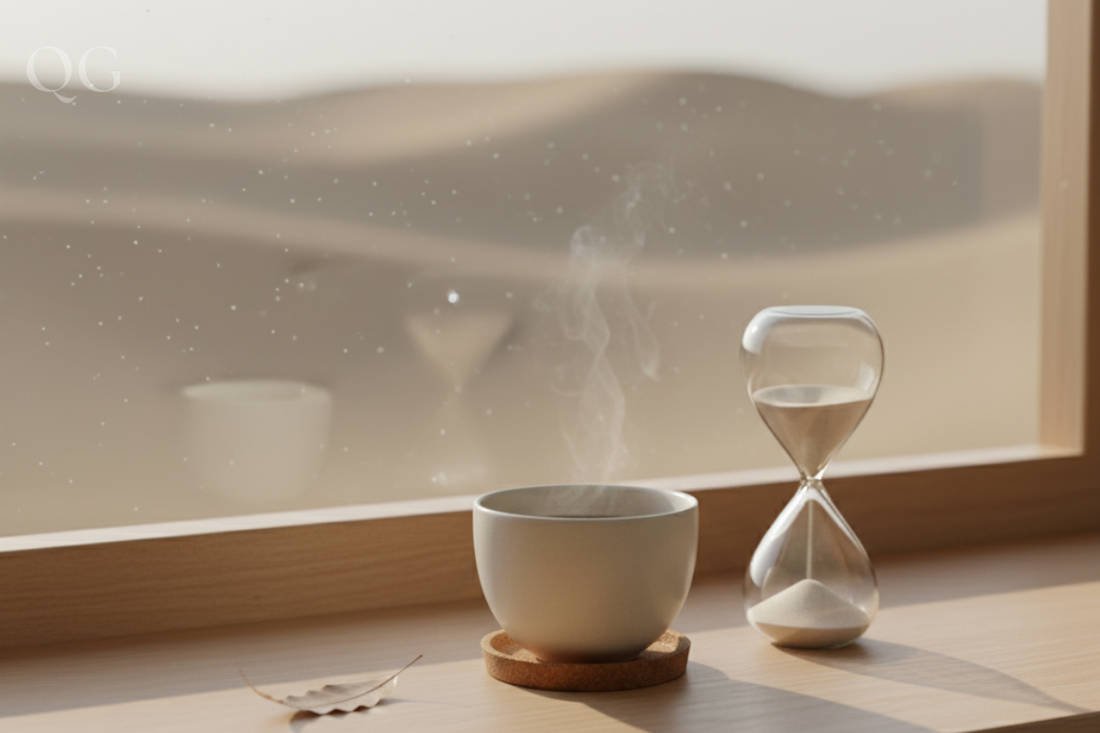 Primer plano de una taza de té y luz de la mañana. Simboliza el Ritual de Mañana de Alto Valor.