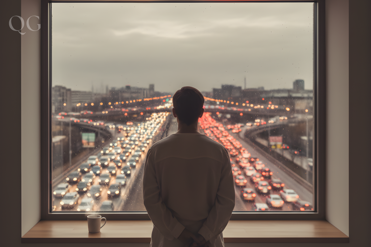 ersona mirando tranquilamente una escena urbana caótica desde una ventana. Símbolo de Amor Fati.